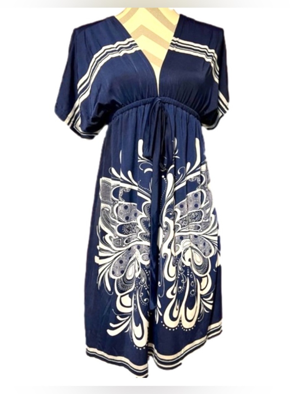 Sunkissed Couture Navy Paisley Deep V Boho Dress Y2K Flowy Mini Size S